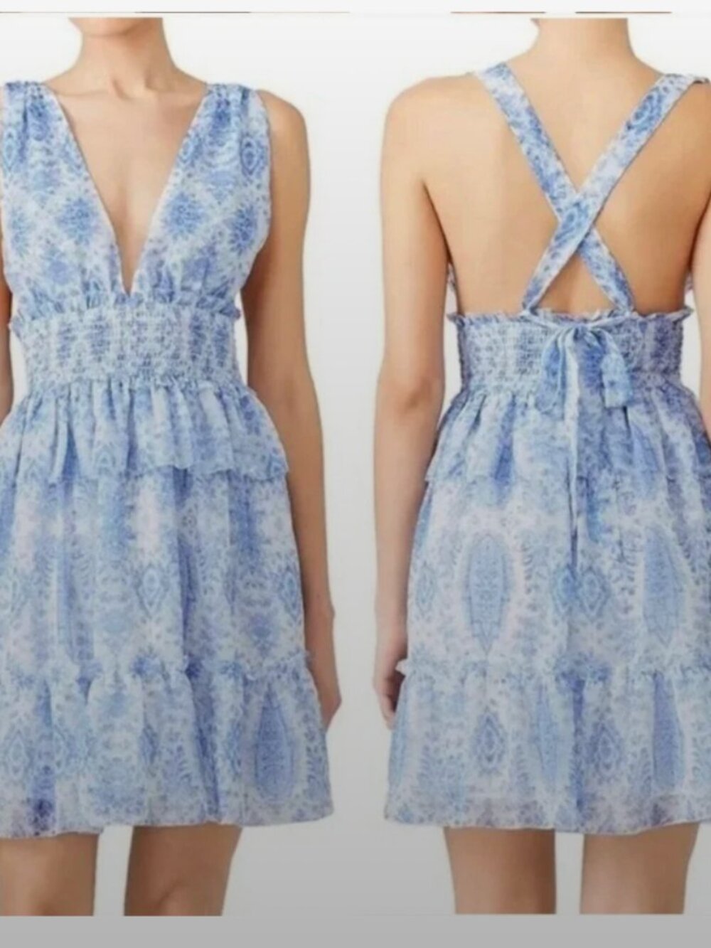 Saylor Holly Dress Midi Tiered V Neck Satin Halter Sleeveless Ruffle Blue Medium